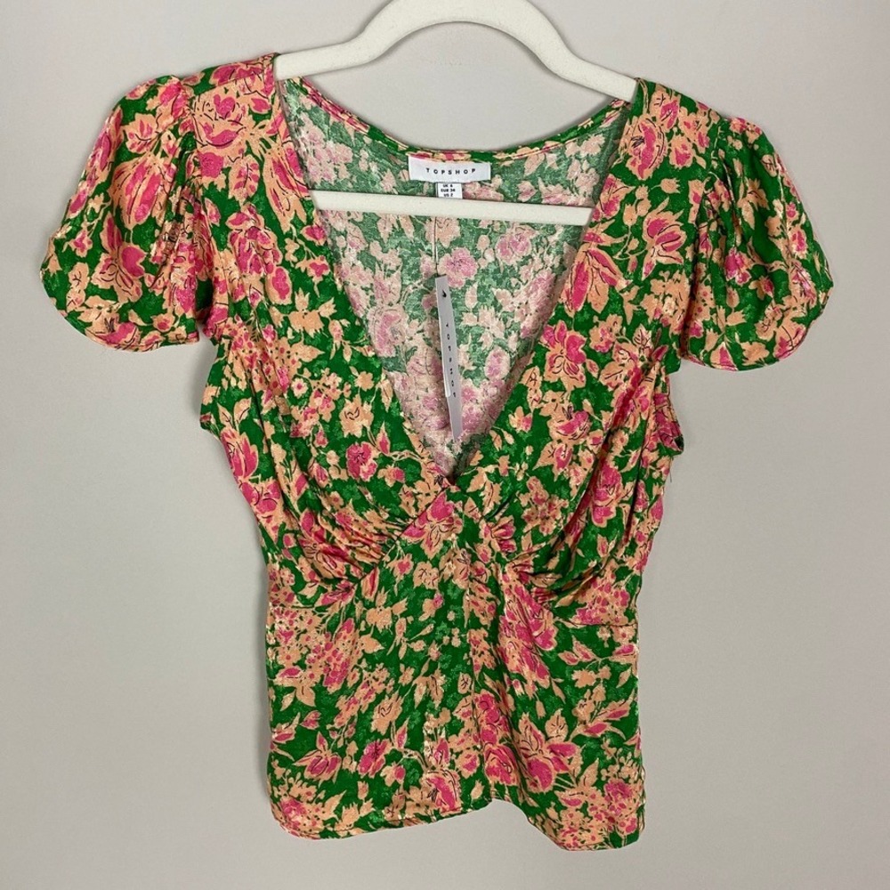 Topshop Vintage Style Floral Jacquard Cap Sleeve Tea Top in Pink Green Size 2‎